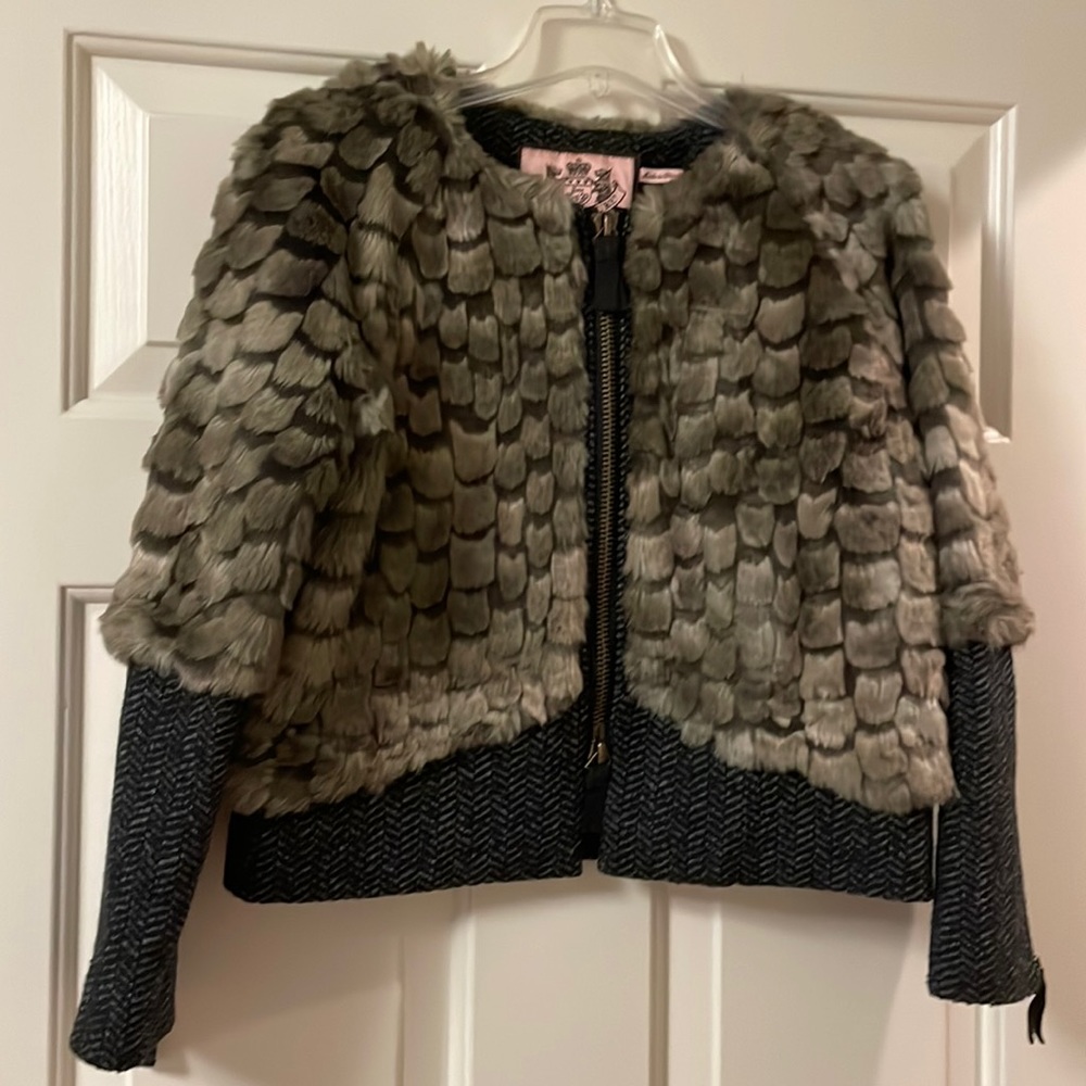 Juicy Couture cropped faux fur and herringbone jacket